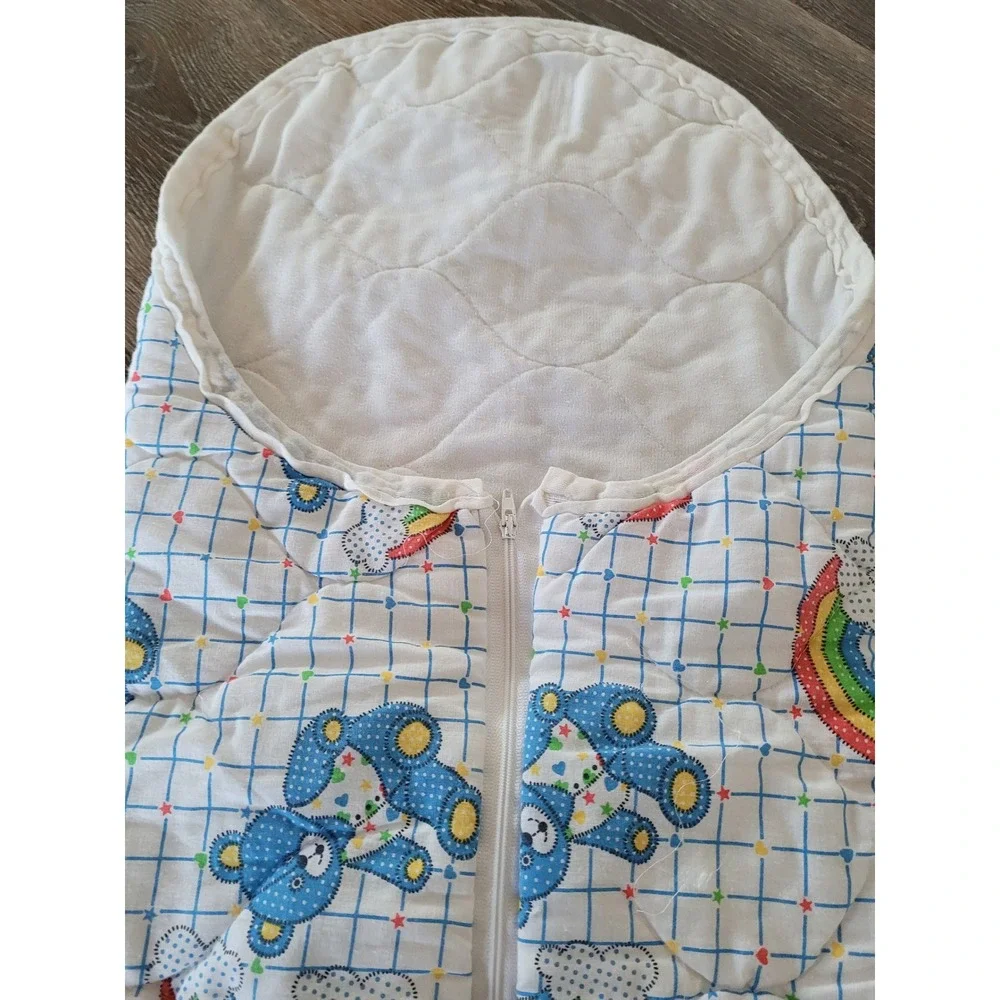 Vintage Quilted Baby Bunting Sleeping Bag Blue Bears Rainbows Hooded Zip #2